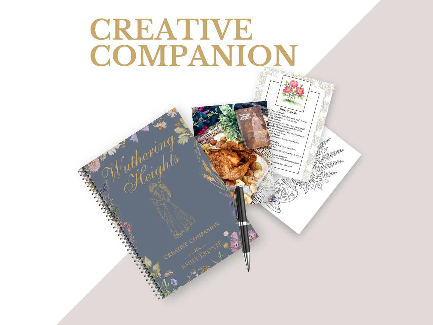A spiral-bound book titled Wuthering Heights Creative Companion alongside pages from within: a roast chicken recipe, a watercolor page, and a coloring page