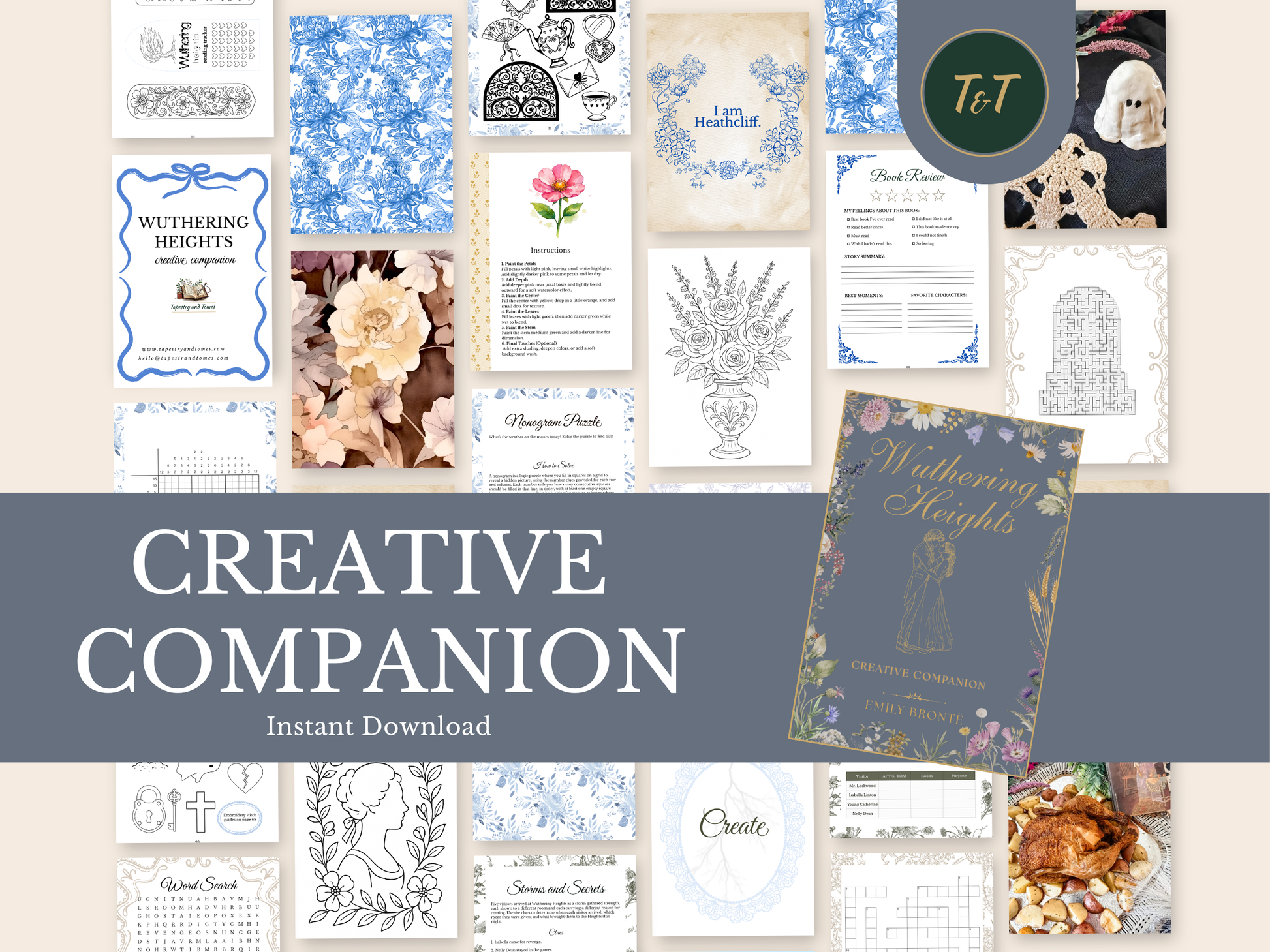 Pages from the Wuthering Heights Creative Companion including watercolor sheets, coloring pages, puzzles, and recipes